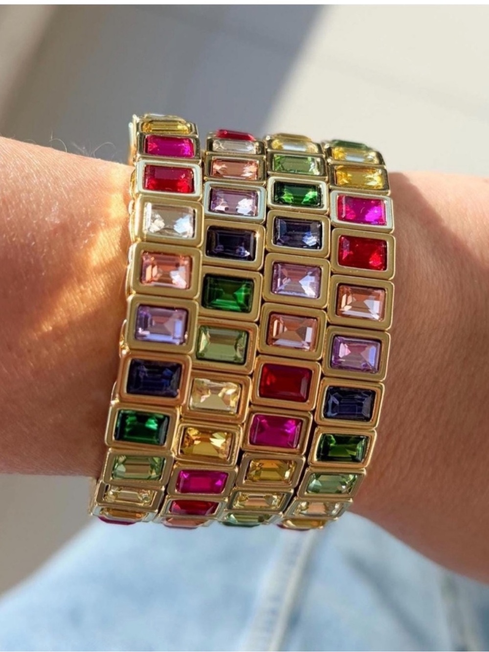 Gold Multicolor Rainbow Road Dream Rectangle Gem Rhinestone Stretch Bracelet
